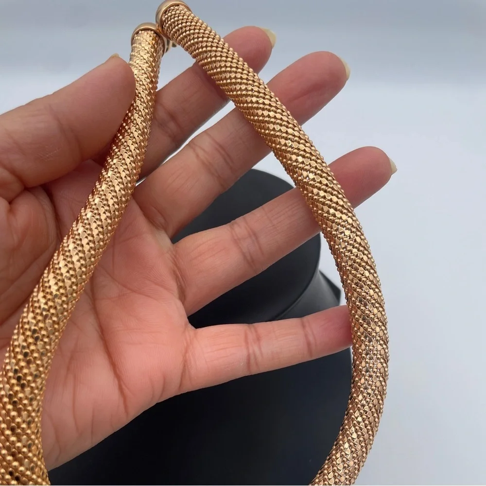 Milor Italy Bronze Chunky Collar Necklace Set 18” Textured Mesh & Braided Tube - Picture 6 of 7